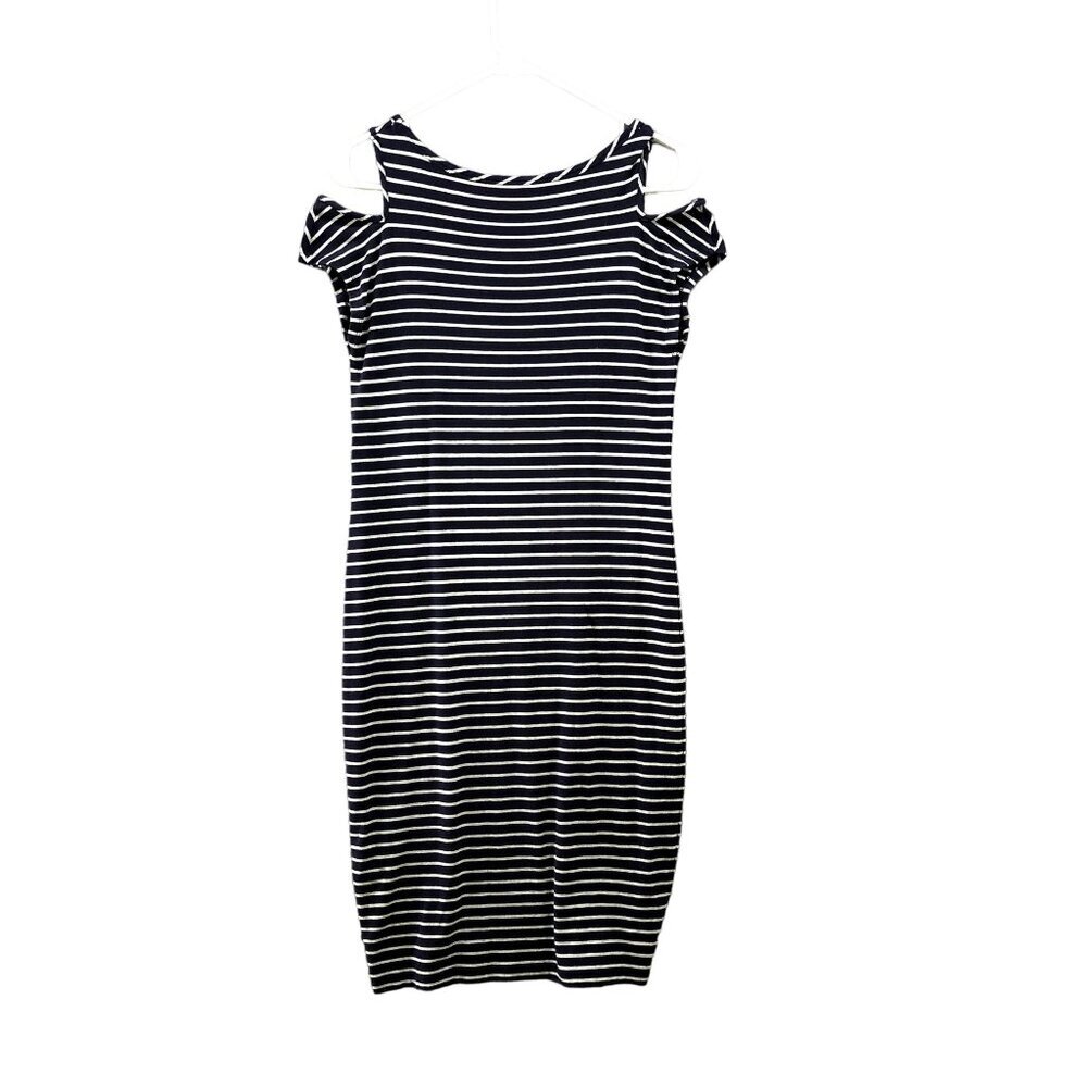 Athleta Dress Womens S Navy Blue White Striped‎ Athletic Cold Shoulder Summer